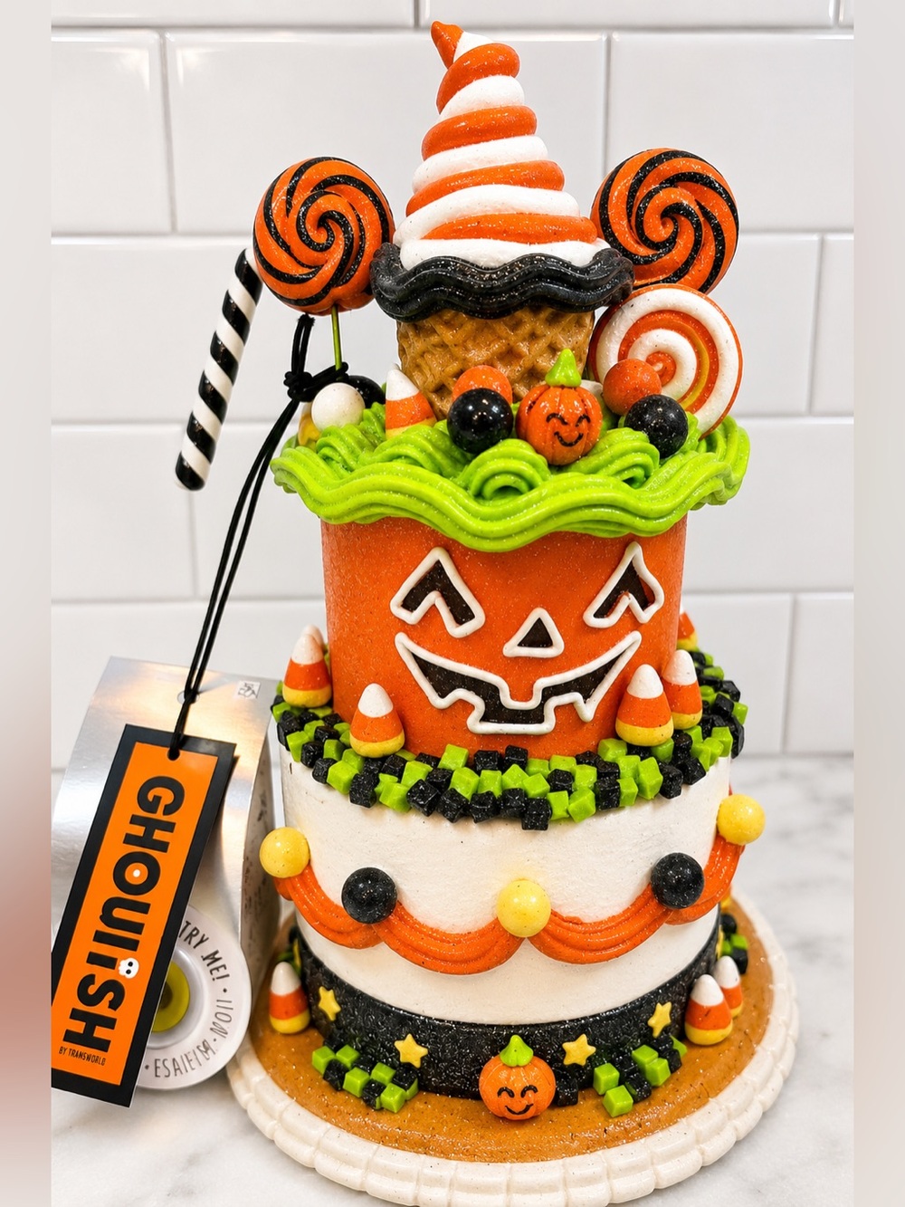 New Candy Corn Lane LED Light Up Halloween Themed GLITTER gingerbread Cake